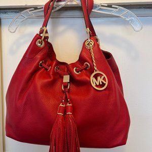 Michael Kors Camden  Leather drawstring Bucket Bag Red w/MK Tassels